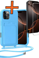 Nomfy Nomfy iPhone 16 Pro Max Hoesje Pashouder met Koord Met Screenprotector - Lichtblauw