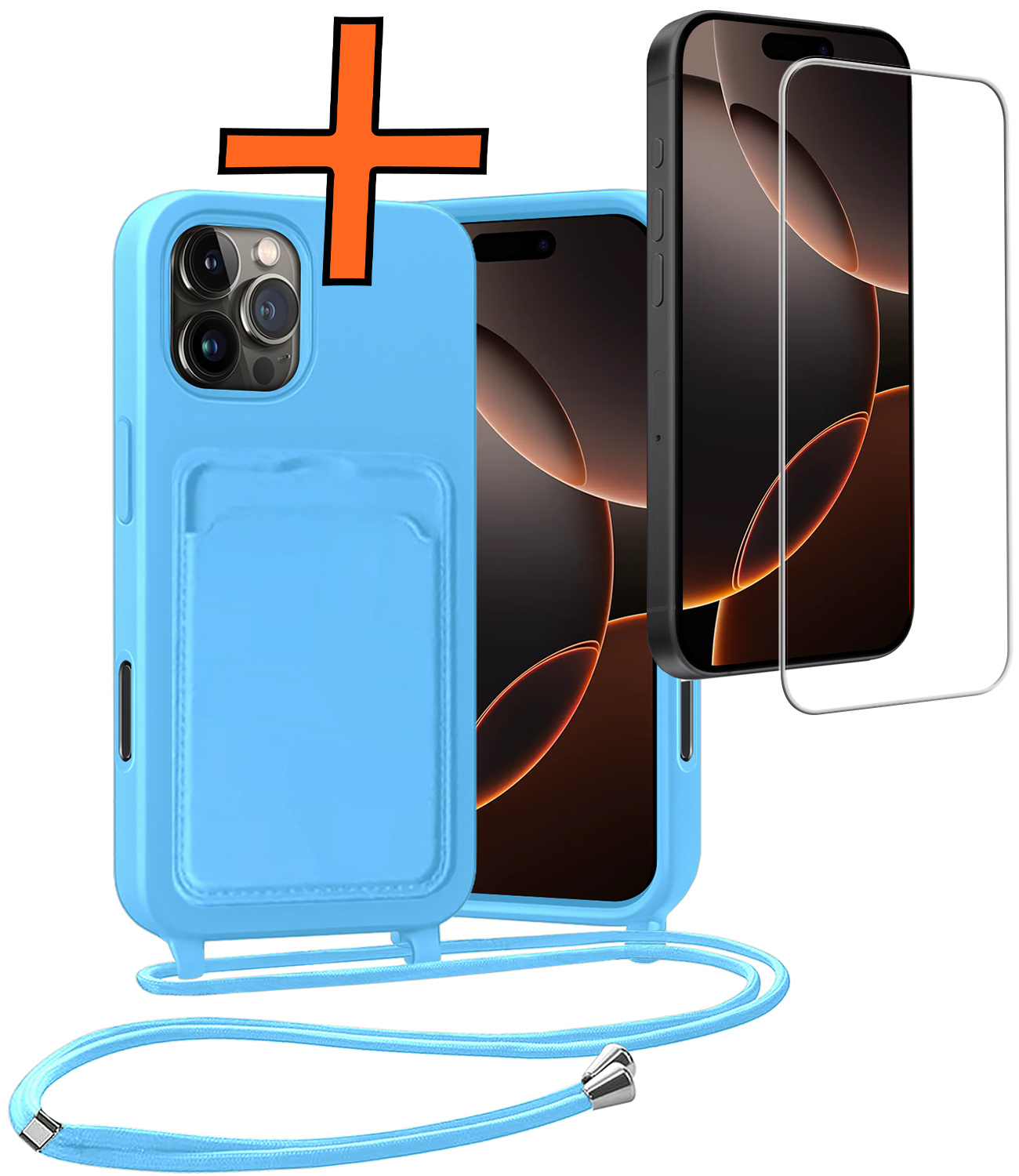 Nomfy Nomfy iPhone 16 Pro Max Hoesje Pashouder met Koord Met Screenprotector - Lichtblauw