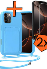 Nomfy Nomfy iPhone 16 Pro Max Hoesje Pashouder met Koord Met 2x Screenprotector - Lichtblauw