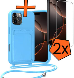 Nomfy Nomfy iPhone 16 Pro Max Hoesje Pashouder met Koord Met 2x Screenprotector - Lichtblauw