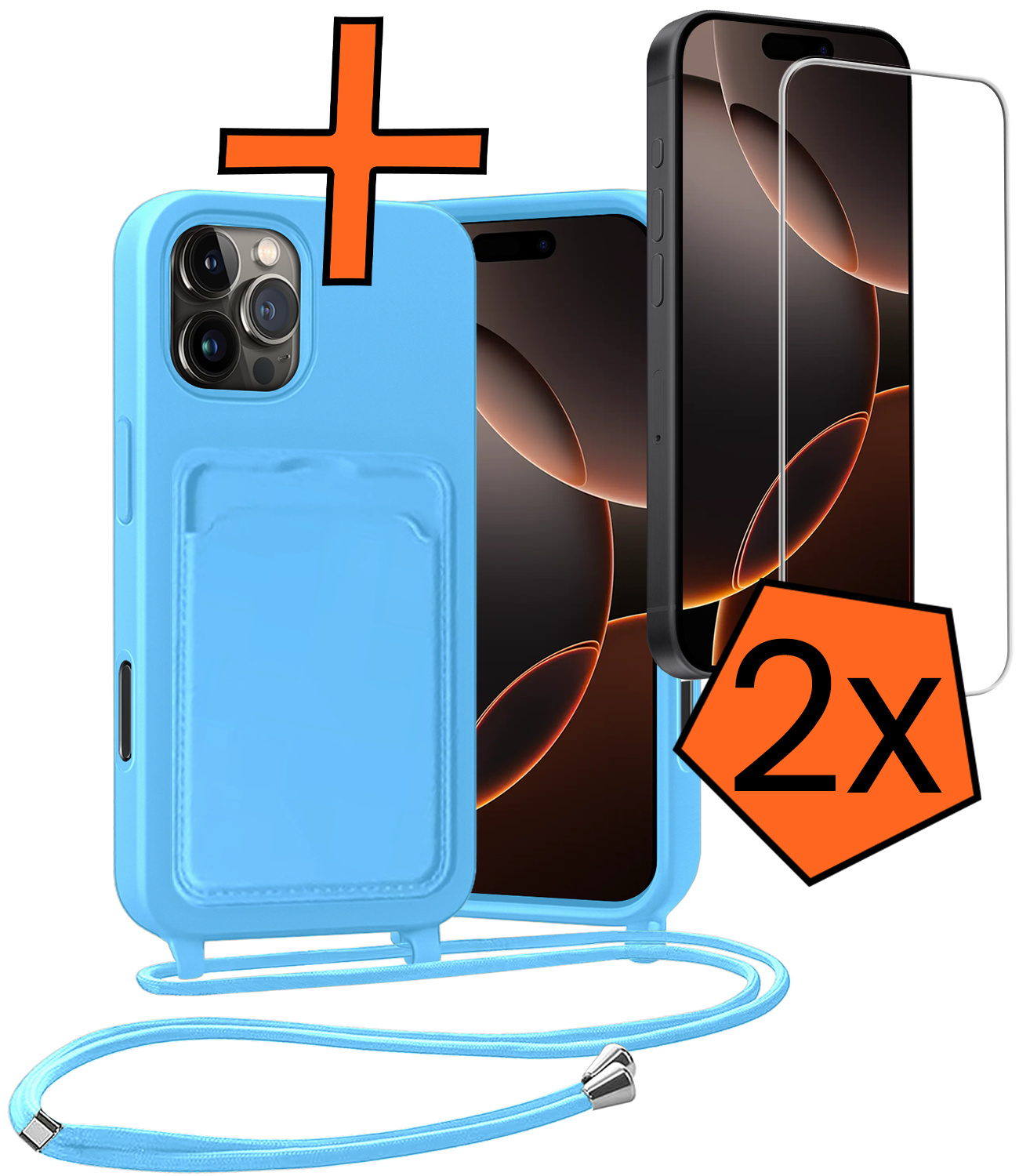 Nomfy Nomfy iPhone 16 Pro Max Hoesje Pashouder met Koord Met 2x Screenprotector - Lichtblauw