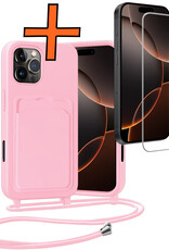 Nomfy Nomfy iPhone 16 Pro Max Hoesje Pashouder met Koord Met Screenprotector - Lichtroze