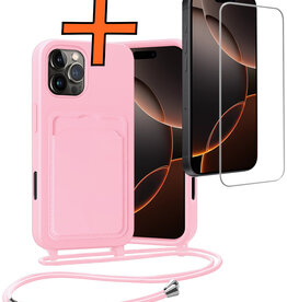 Nomfy Nomfy iPhone 16 Pro Max Hoesje Pashouder met Koord Met Screenprotector - Lichtroze