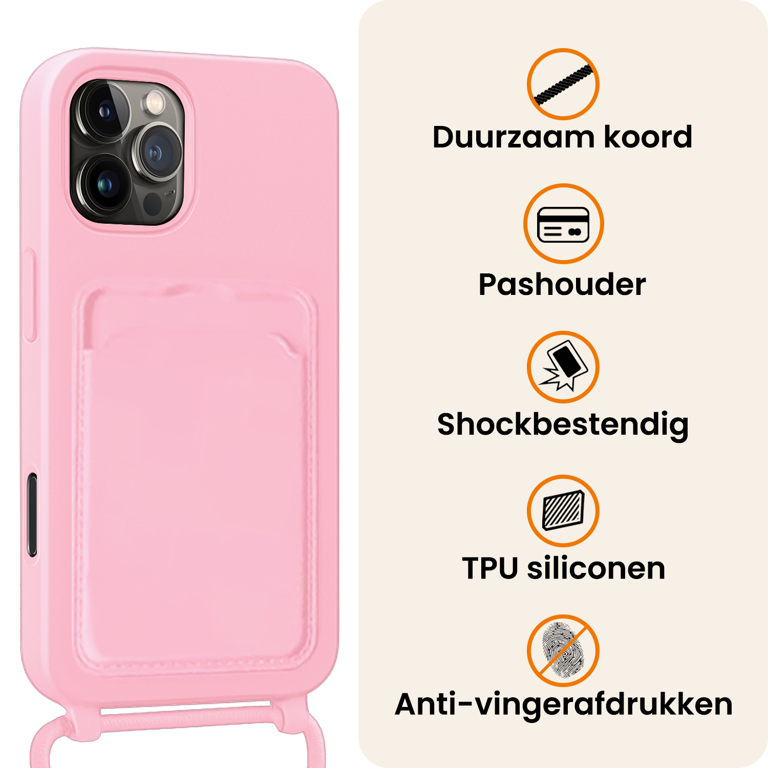 Nomfy Nomfy iPhone 16 Pro Max Hoesje Pashouder met Koord Met Screenprotector - Lichtroze