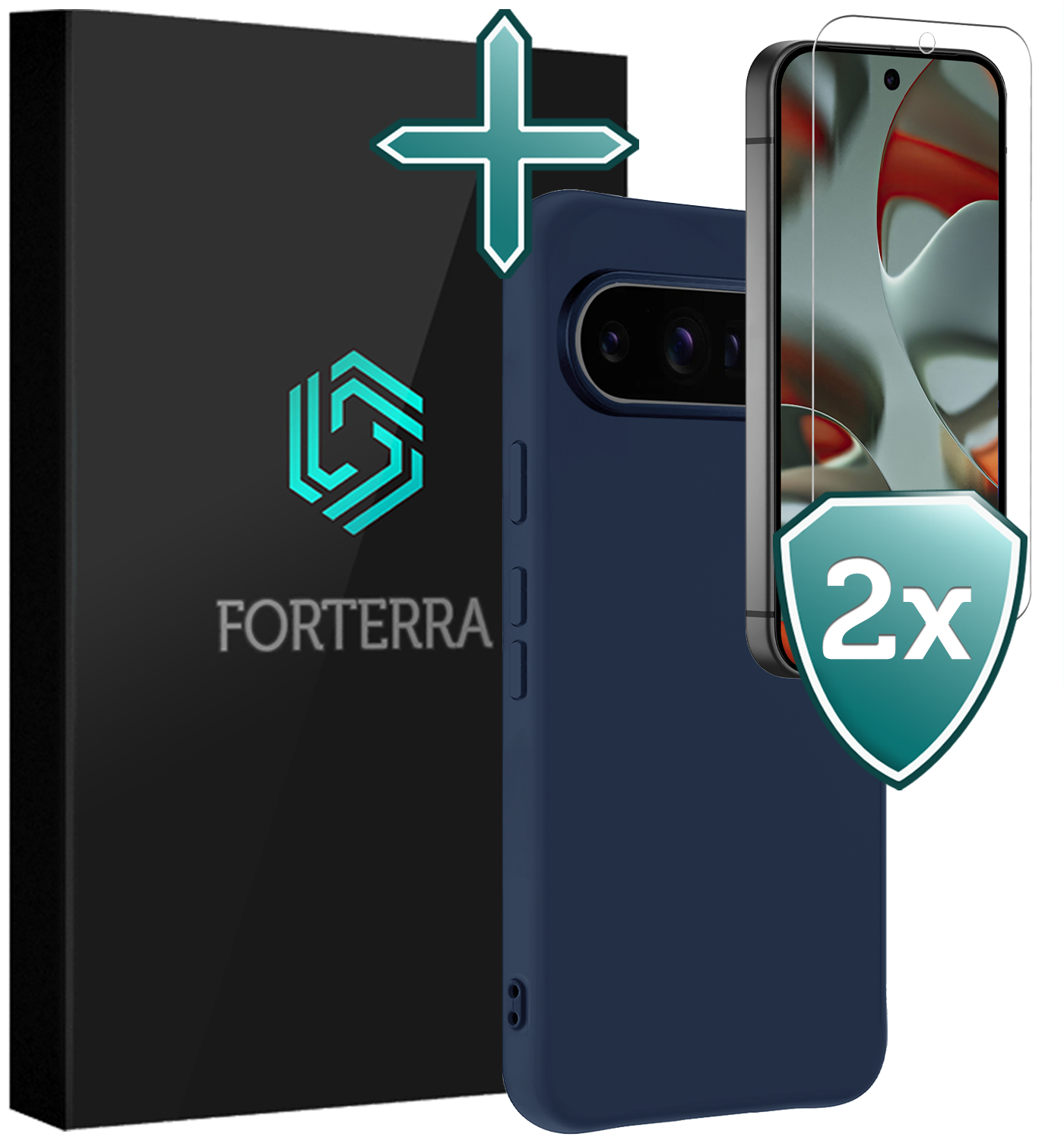 Forterra Forterra Google Pixel 10 Pro Hoesje Siliconen Met 2x Screenprotector - Donkerblauw