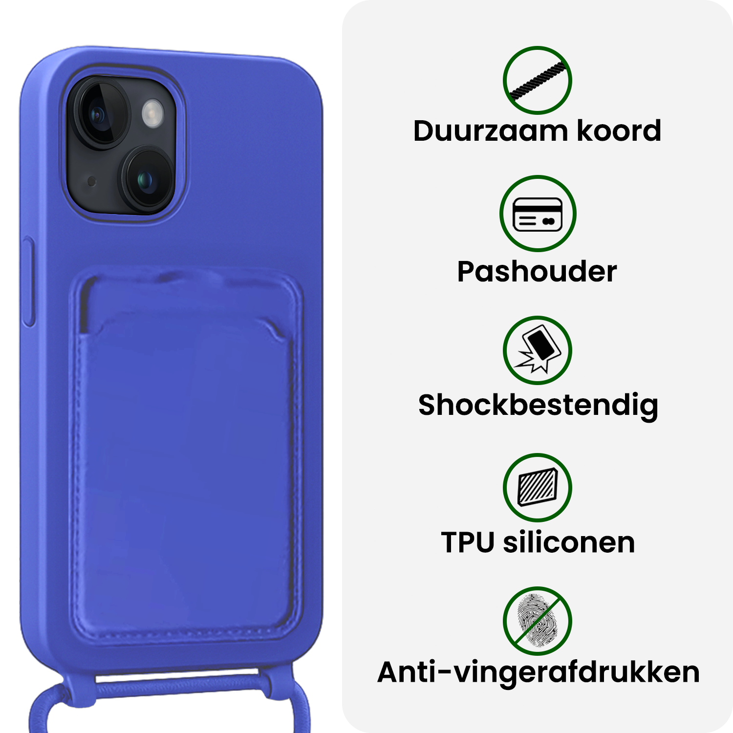 BASEY. BASEY. iPhone 14 Hoesje Pashouder met Koord Met 2x Screenprotector - Fel Blauw