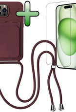 BASEY. BASEY. iPhone 14 Pro Max Hoesje Pashouder met Koord Met 2x Screenprotector - Aubergine