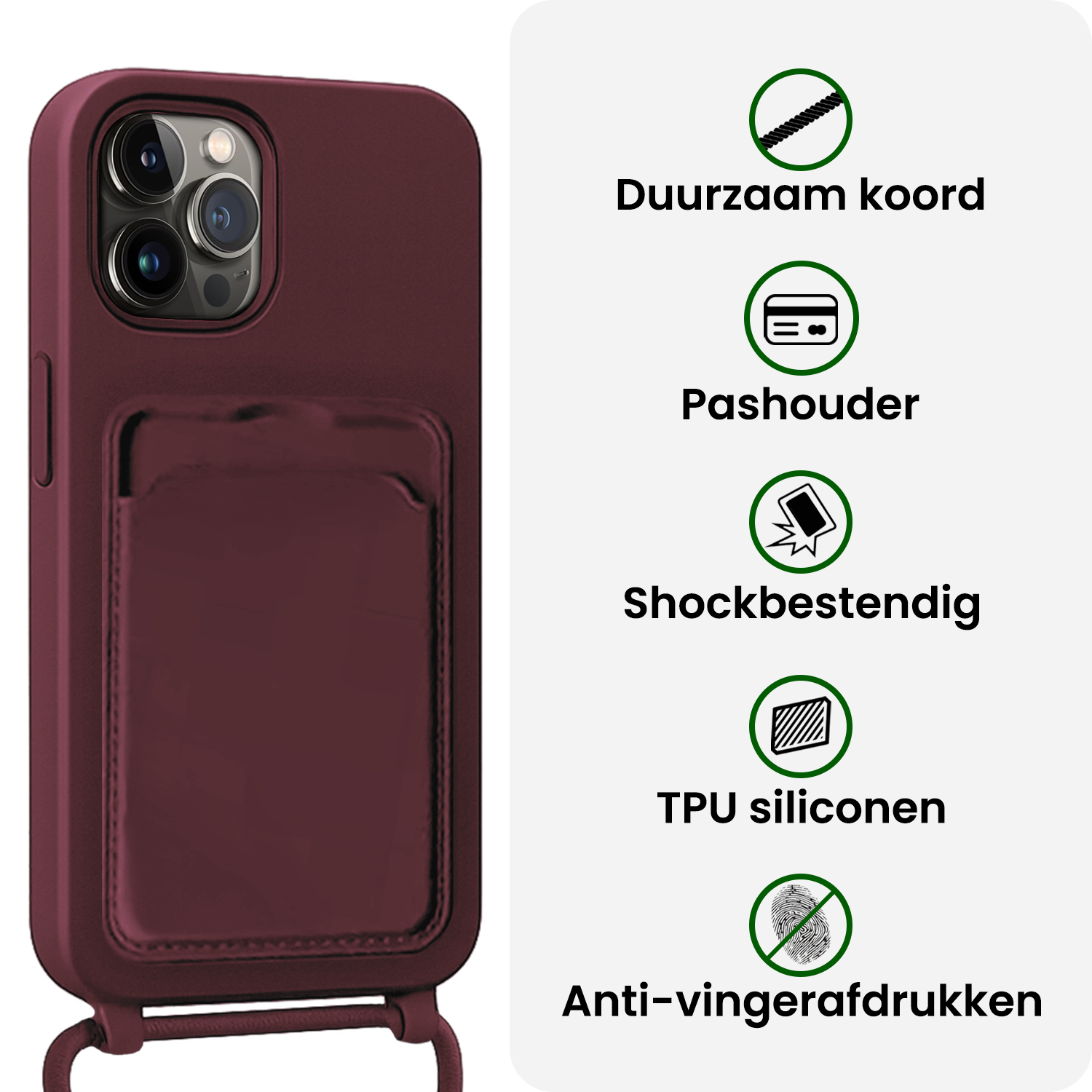 BASEY. BASEY. iPhone 14 Pro Max Hoesje Pashouder met Koord Met 2x Screenprotector - Aubergine