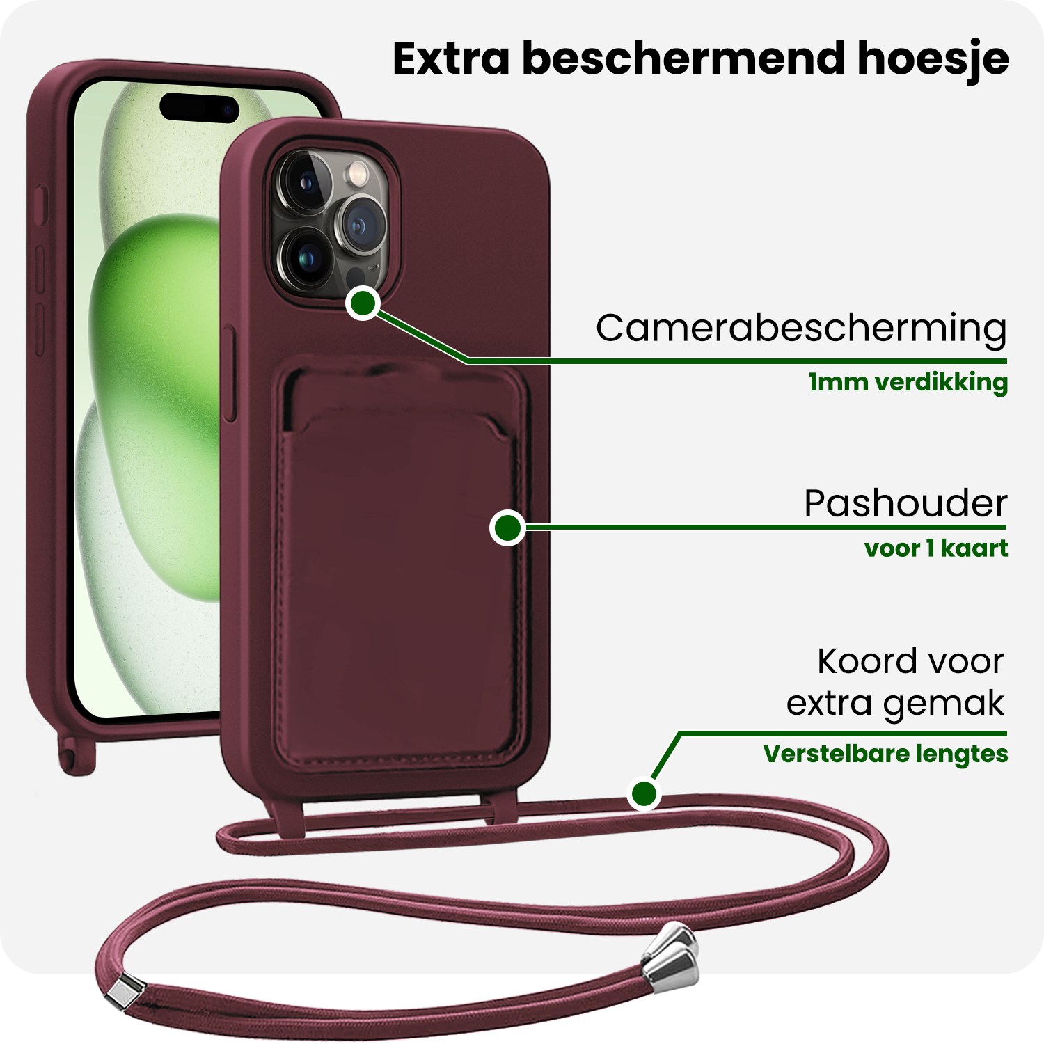 BASEY. BASEY. iPhone 14 Pro Max Hoesje Pashouder met Koord Met 2x Screenprotector - Aubergine