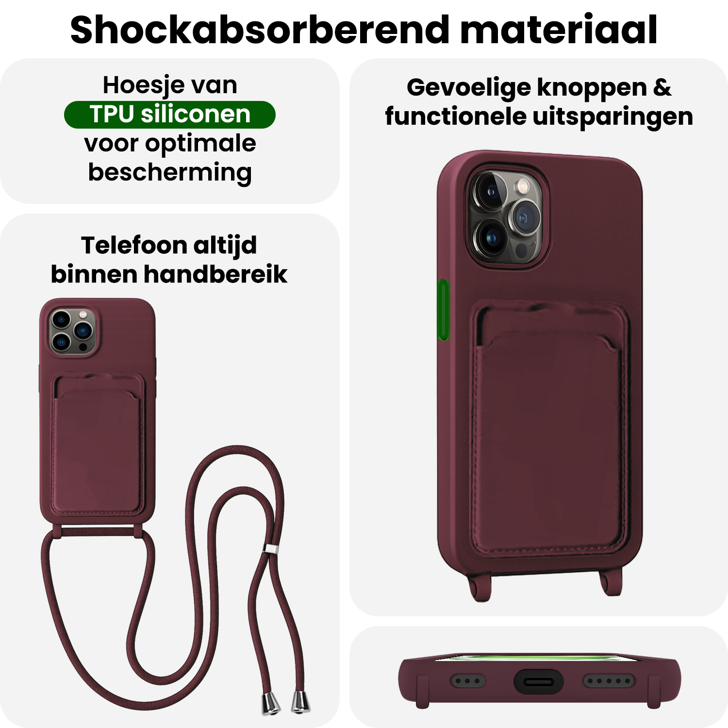 BASEY. BASEY. iPhone 14 Pro Max Hoesje Pashouder met Koord Met 2x Screenprotector - Aubergine