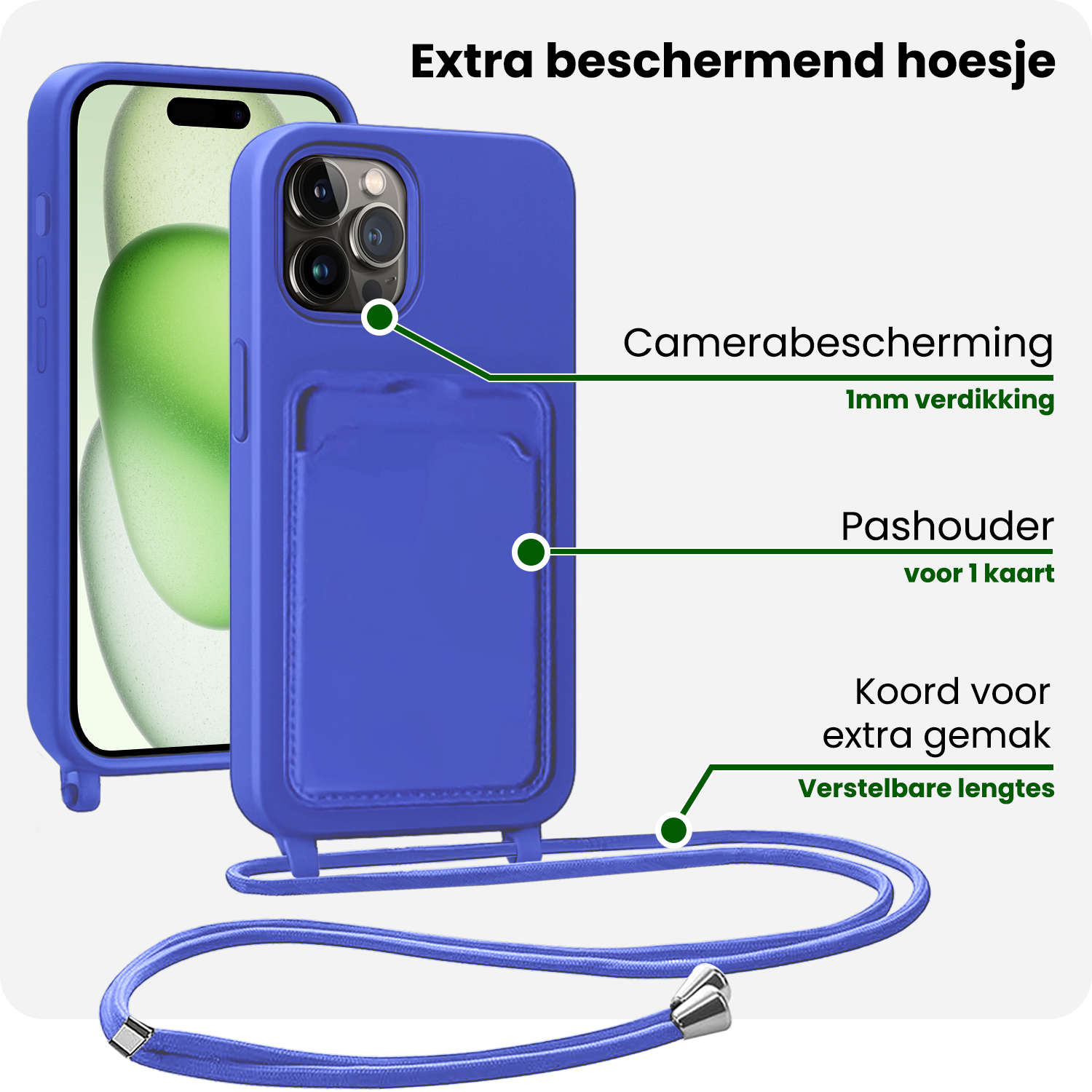 BASEY. BASEY. iPhone 14 Pro Max Hoesje Pashouder met Koord Met Screenprotector - Fel Blauw