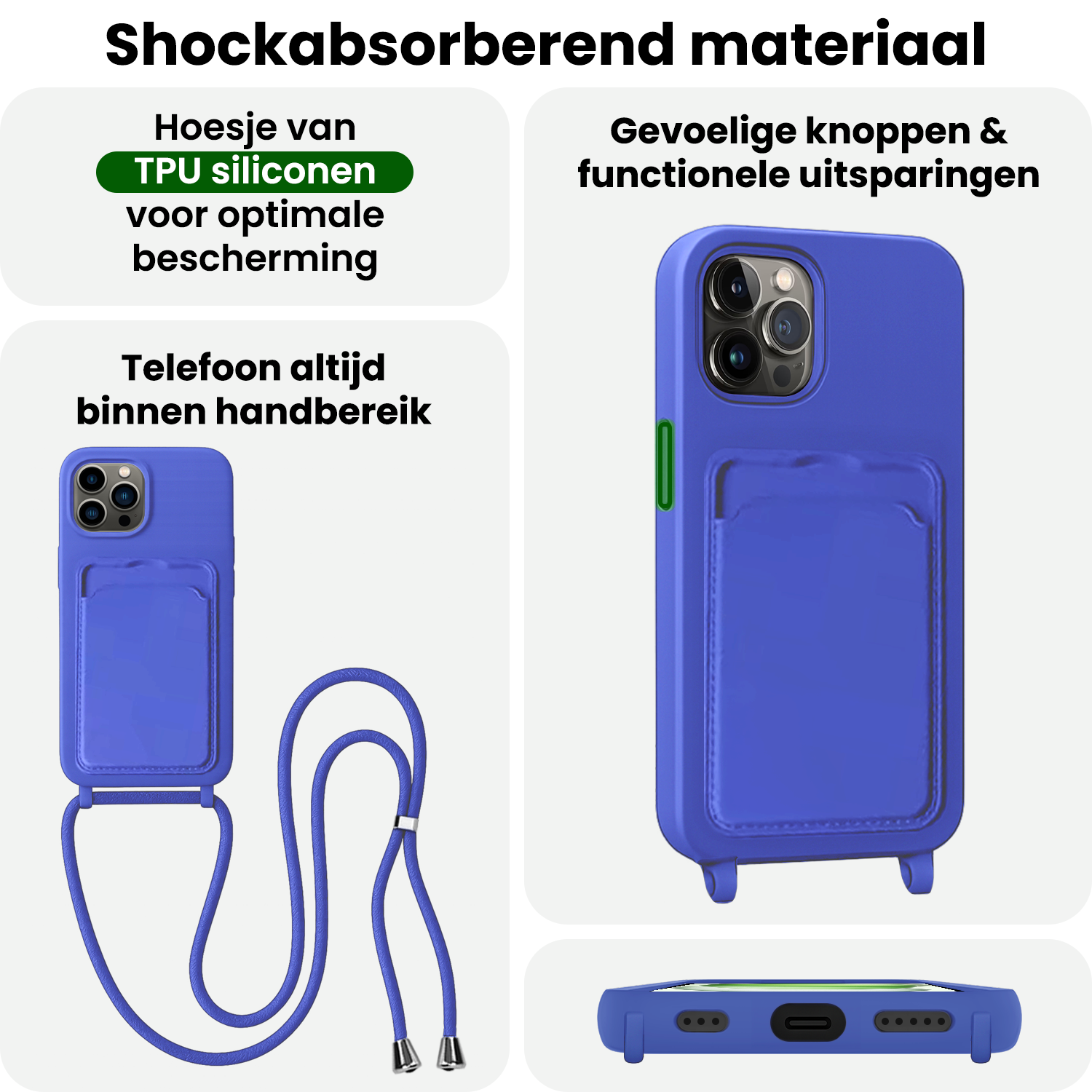 BASEY. BASEY. iPhone 14 Pro Max Hoesje Pashouder met Koord Met Screenprotector - Fel Blauw