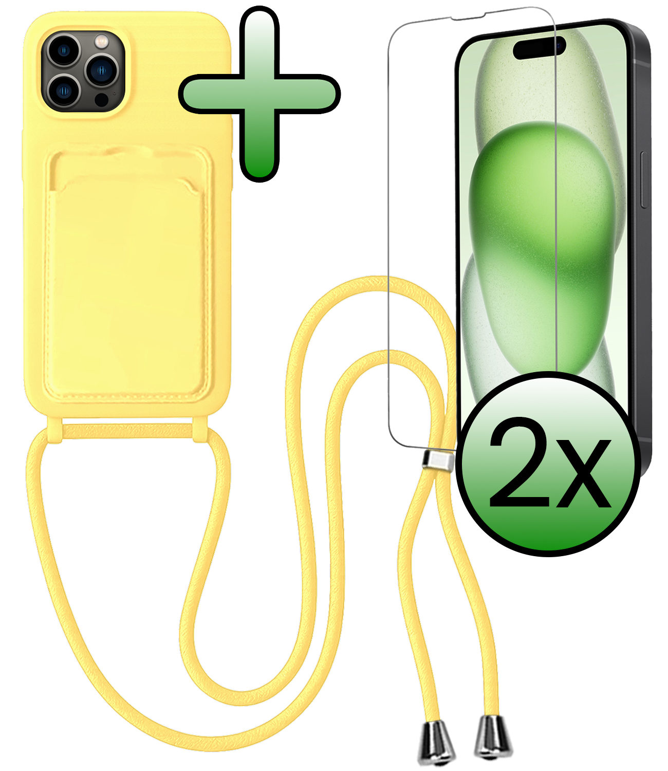 BASEY. BASEY. iPhone 14 Pro Max Hoesje Pashouder met Koord Met 2x Screenprotector - Geel