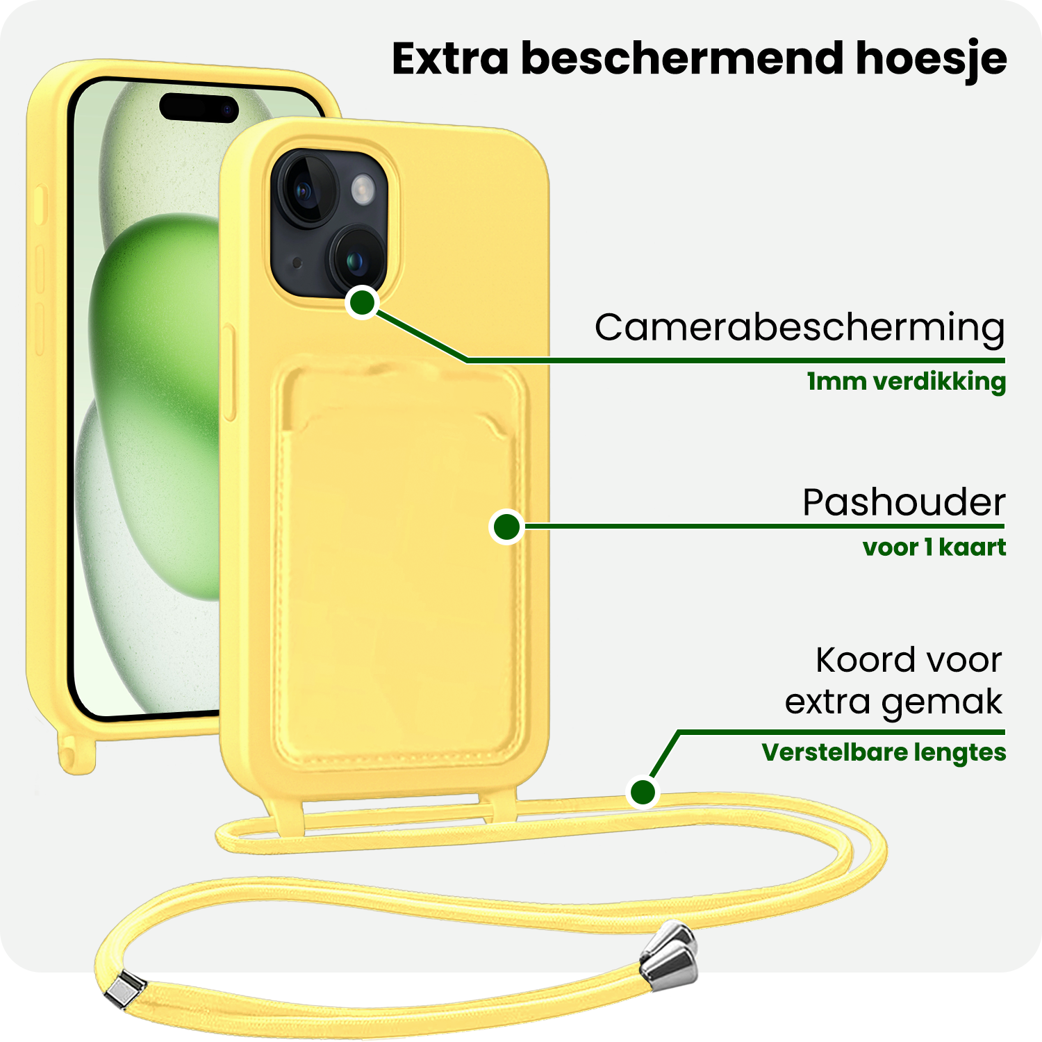 BASEY. BASEY. iPhone 14 Pro Max Hoesje Pashouder met Koord Met 2x Screenprotector - Geel