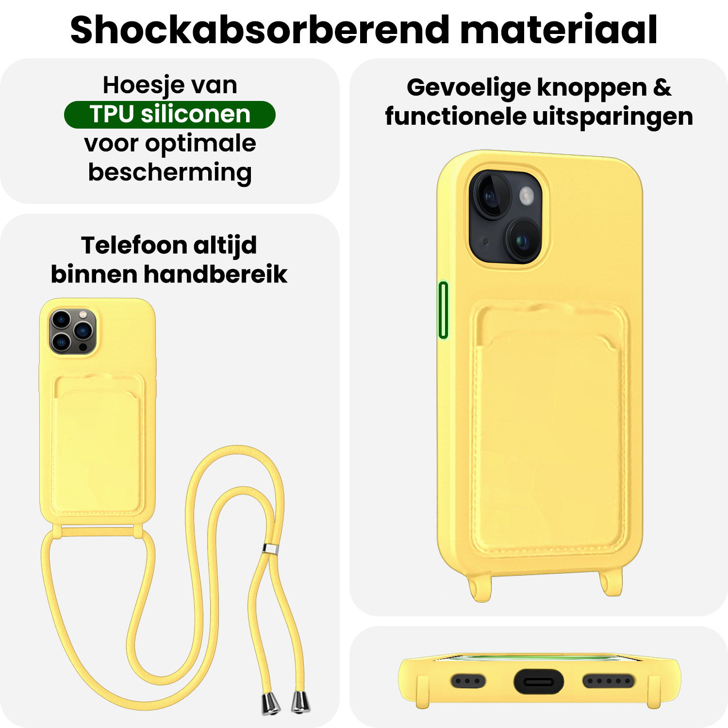 BASEY. BASEY. iPhone 14 Pro Max Hoesje Pashouder met Koord Met 2x Screenprotector - Geel