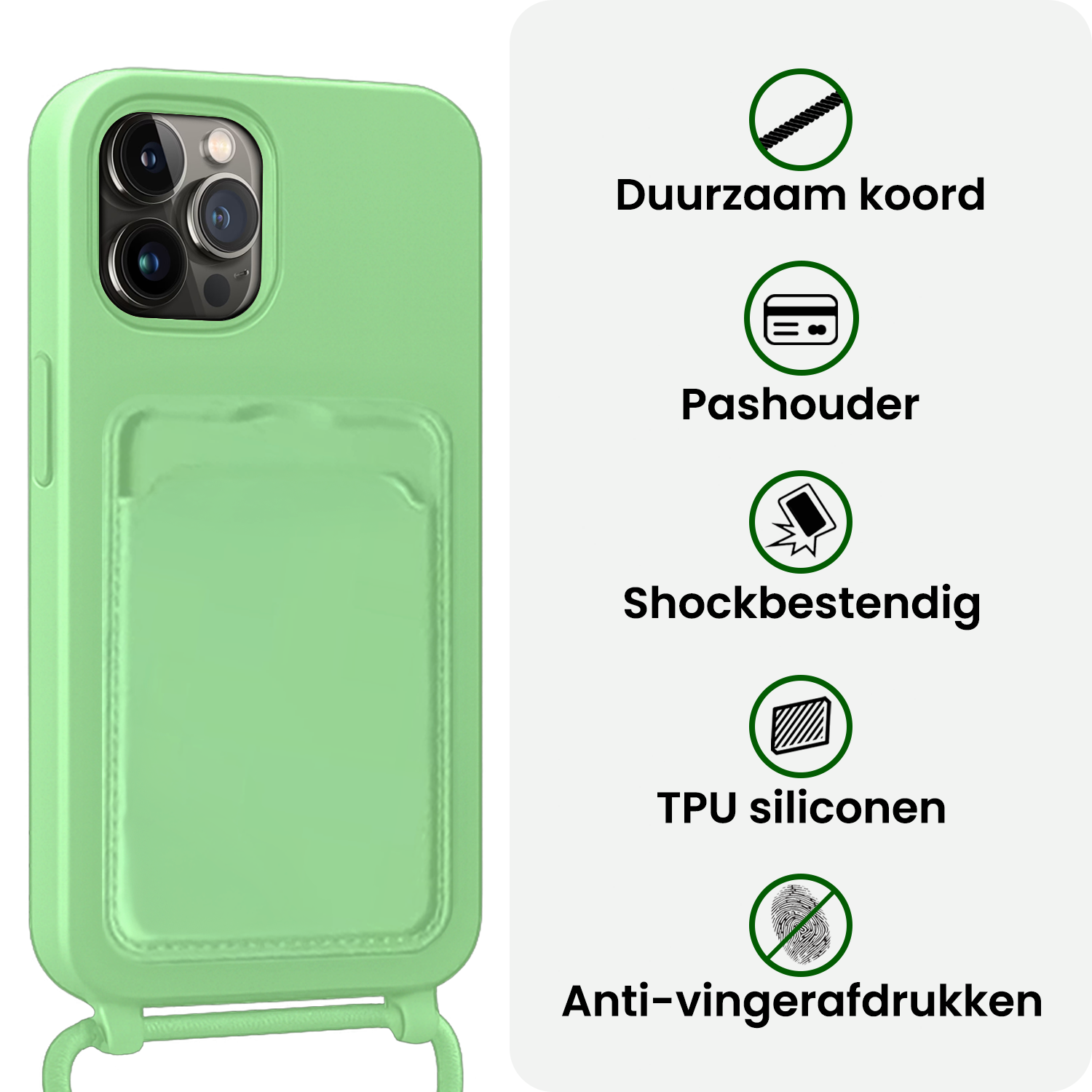 BASEY. BASEY. iPhone 14 Pro Max Hoesje Pashouder met Koord Met Screenprotector - Groen