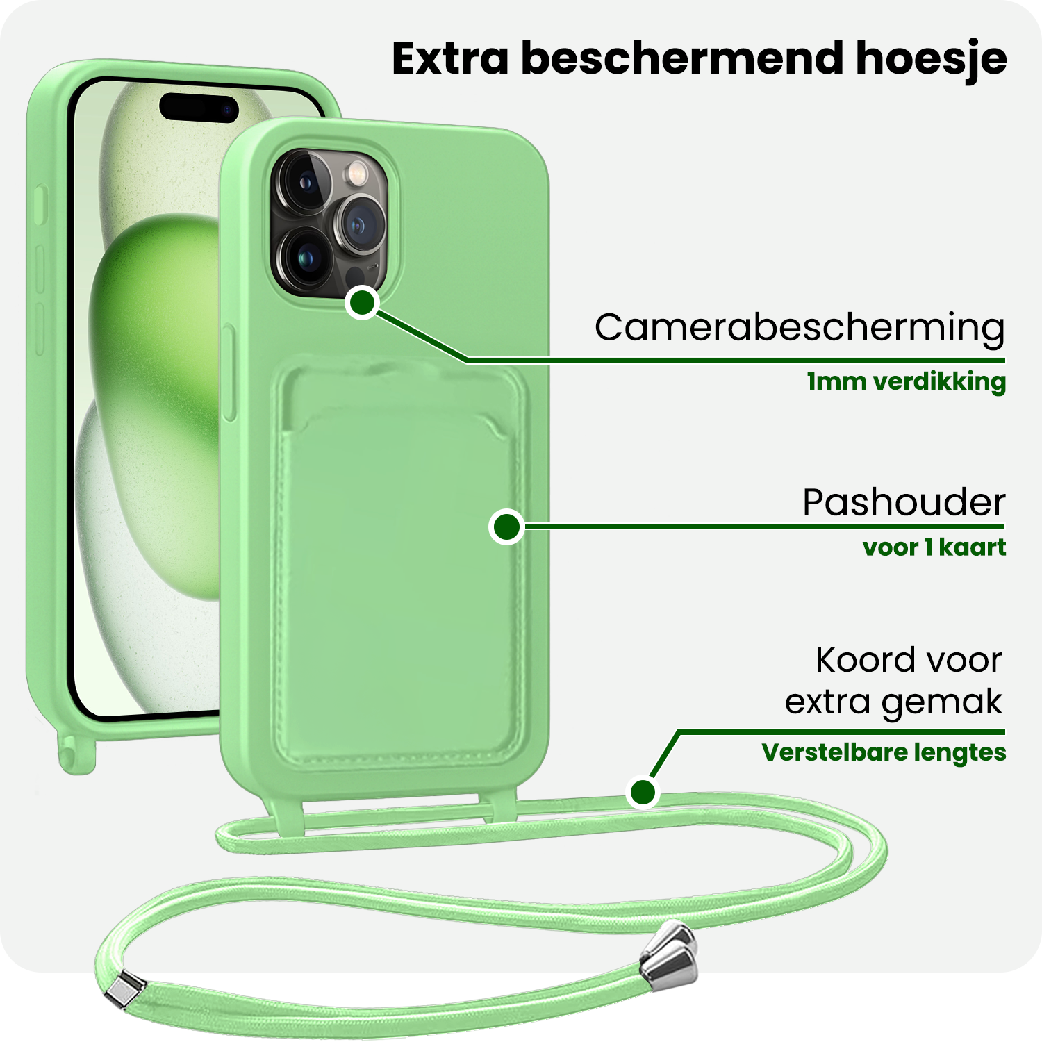 BASEY. BASEY. iPhone 14 Pro Max Hoesje Pashouder met Koord Met Screenprotector - Groen