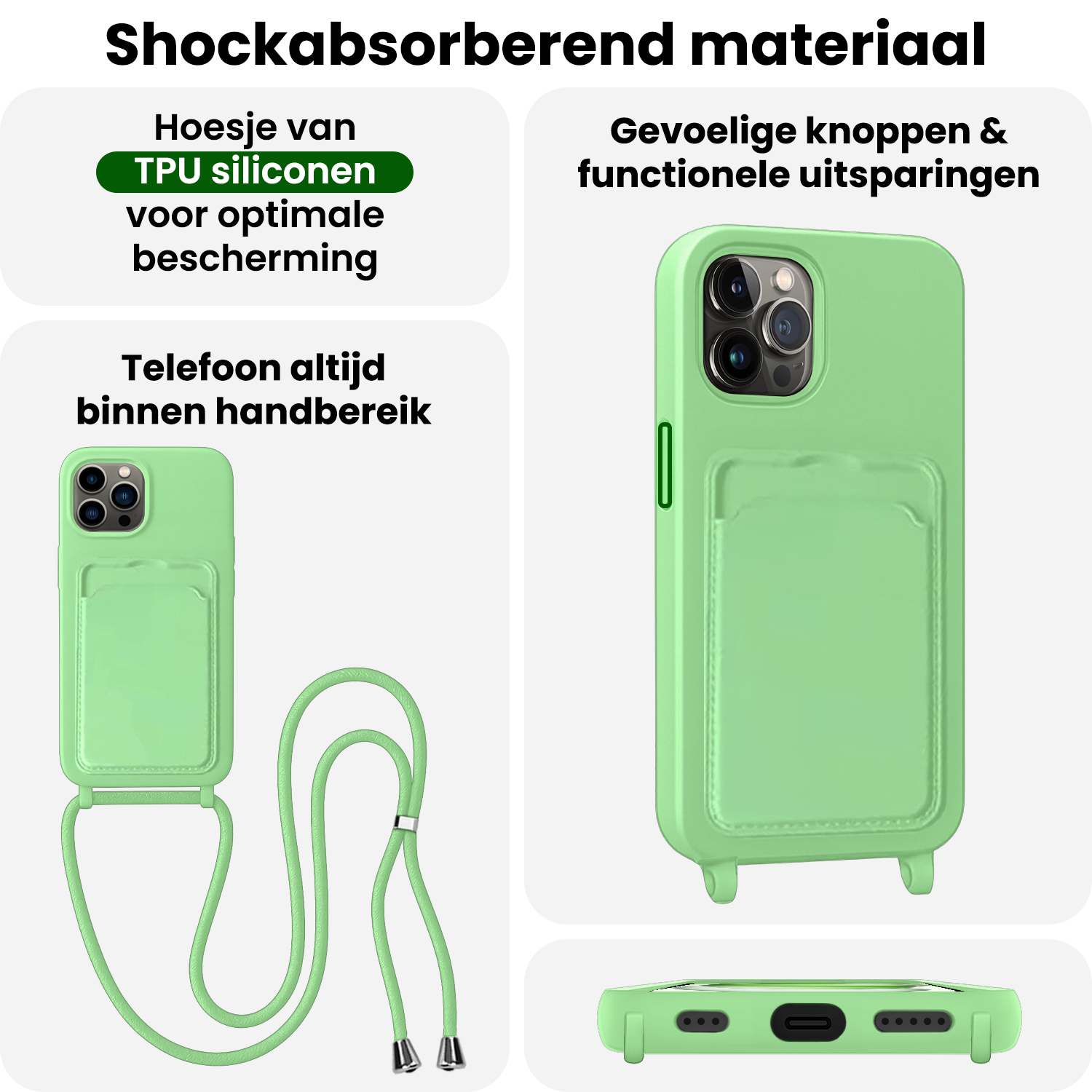 BASEY. BASEY. iPhone 14 Pro Max Hoesje Pashouder met Koord Met Screenprotector - Groen