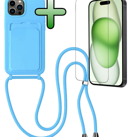 BASEY. BASEY. iPhone 14 Pro Max Hoesje Pashouder met Koord Met Screenprotector - Lichtblauw