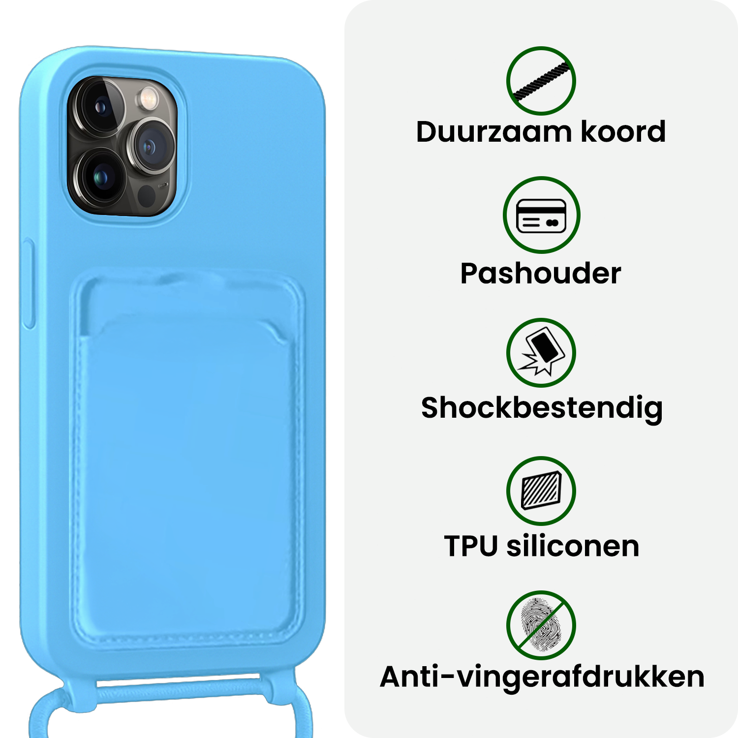 BASEY. BASEY. iPhone 14 Pro Max Hoesje Pashouder met Koord Met Screenprotector - Lichtblauw
