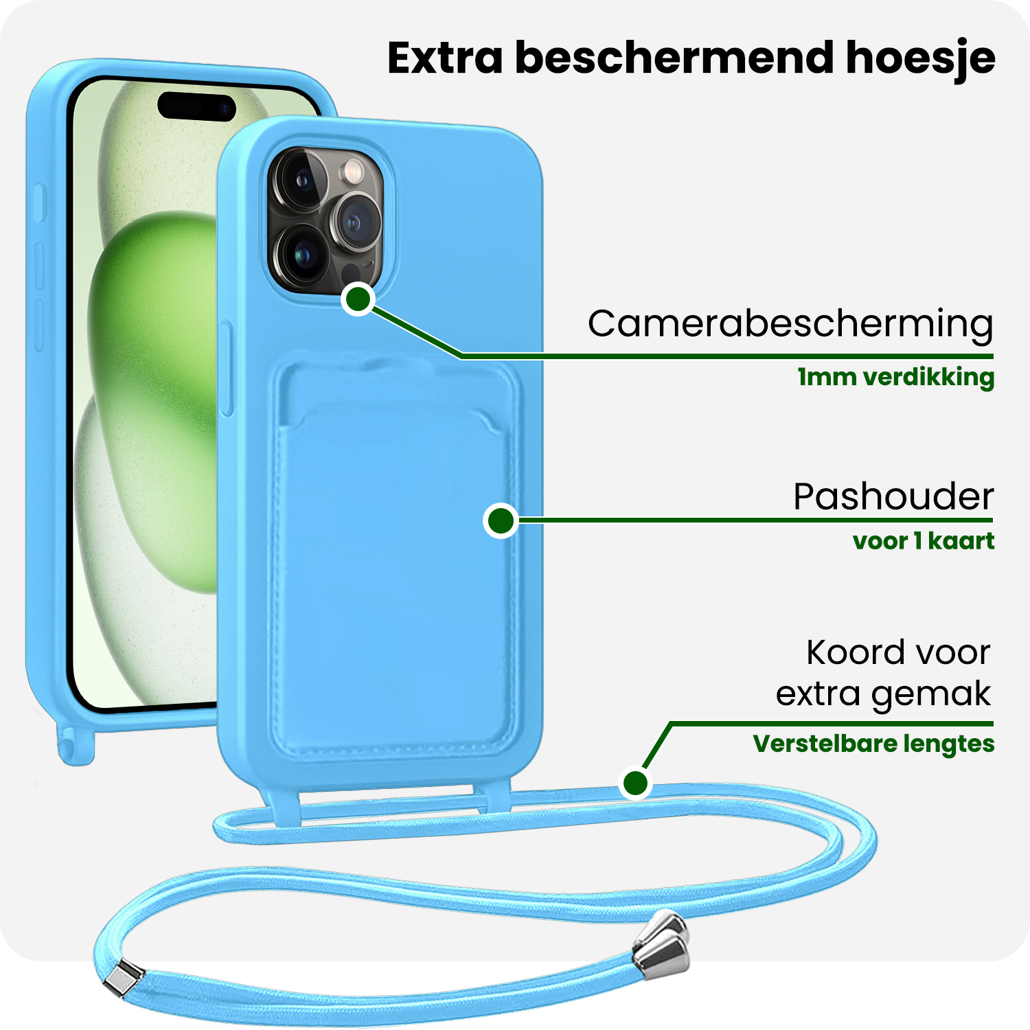 BASEY. BASEY. iPhone 14 Pro Max Hoesje Pashouder met Koord Met Screenprotector - Lichtblauw