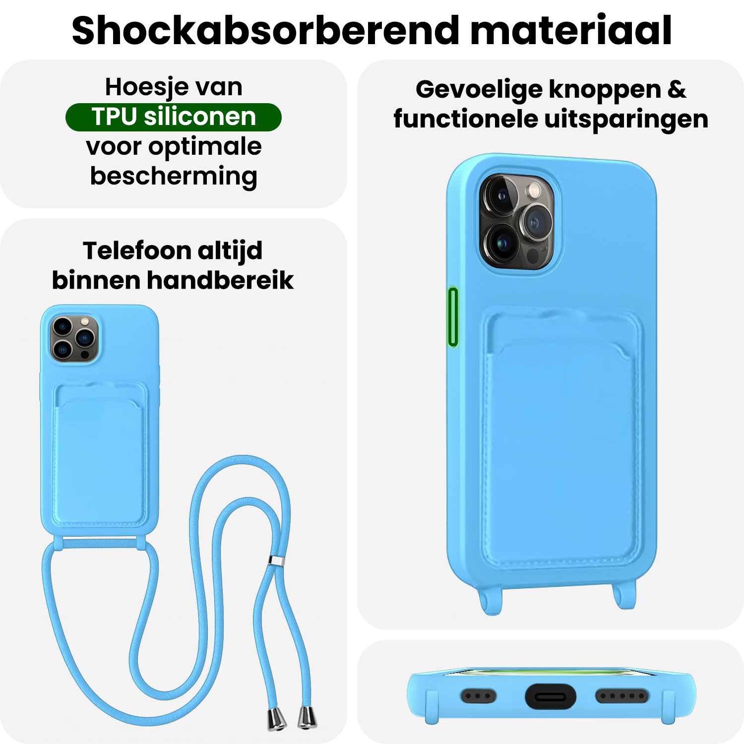 BASEY. BASEY. iPhone 14 Pro Max Hoesje Pashouder met Koord Met Screenprotector - Lichtblauw