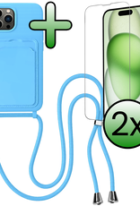 BASEY. BASEY. iPhone 14 Pro Max Hoesje Pashouder met Koord Met 2x Screenprotector - Lichtblauw