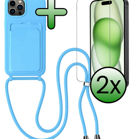BASEY. BASEY. iPhone 14 Pro Max Hoesje Pashouder met Koord Met 2x Screenprotector - Lichtblauw