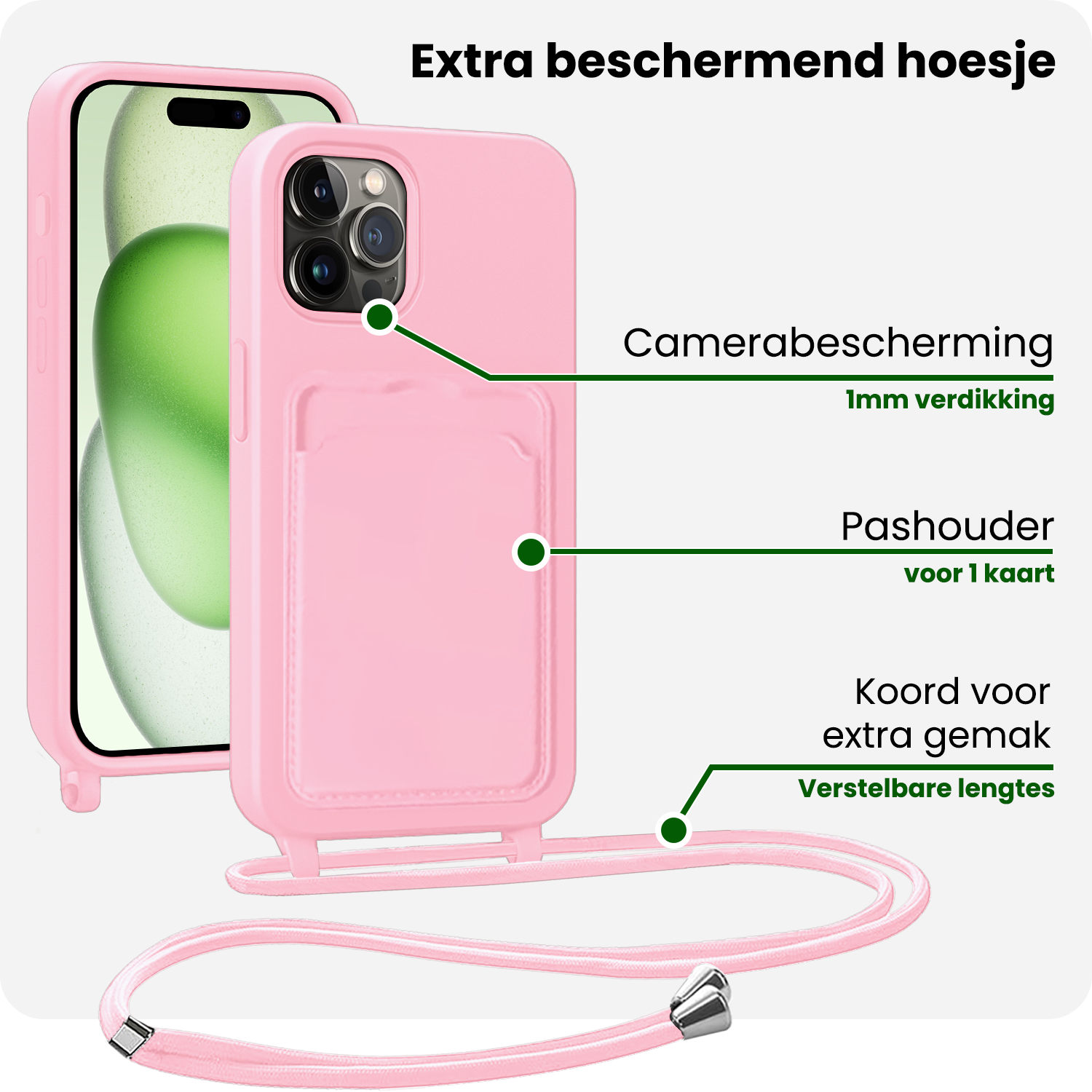 BASEY. BASEY. iPhone 14 Pro Max Hoesje Pashouder met Koord - Lichtroze - 2 PACK