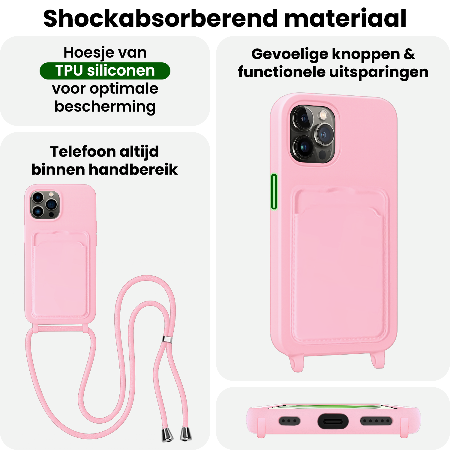 BASEY. BASEY. iPhone 14 Pro Max Hoesje Pashouder met Koord - Lichtroze - 2 PACK
