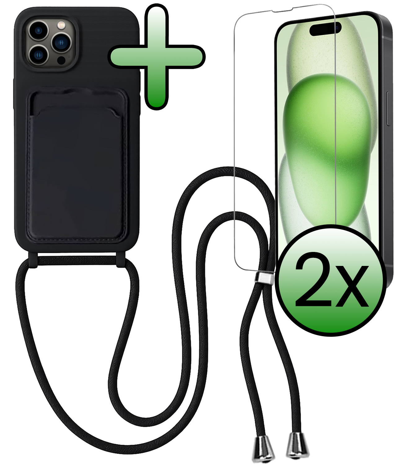 BASEY. BASEY. iPhone 14 Pro Max Hoesje Pashouder met Koord Met 2x Screenprotector - Zwart