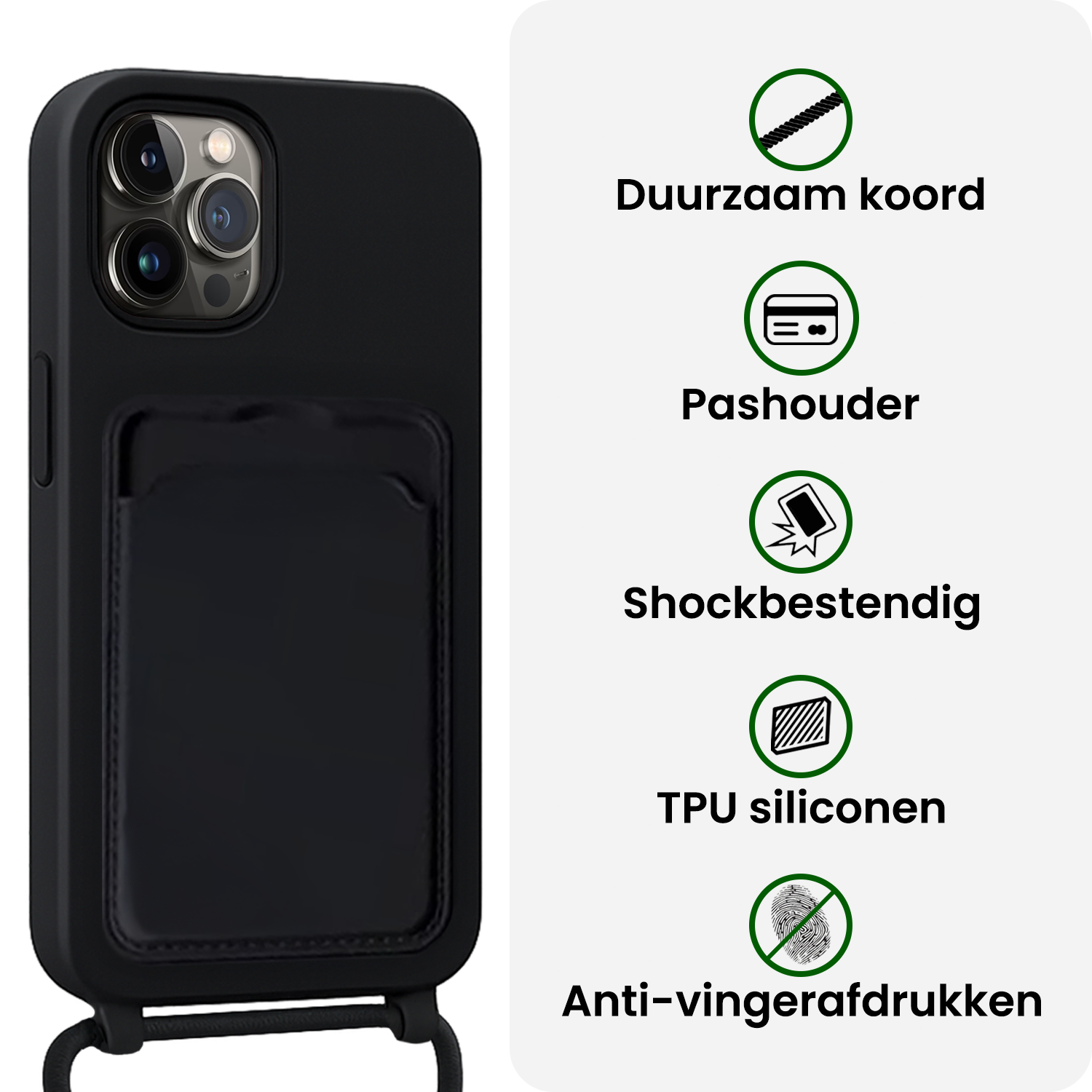 BASEY. BASEY. iPhone 14 Pro Max Hoesje Pashouder met Koord Met 2x Screenprotector - Zwart