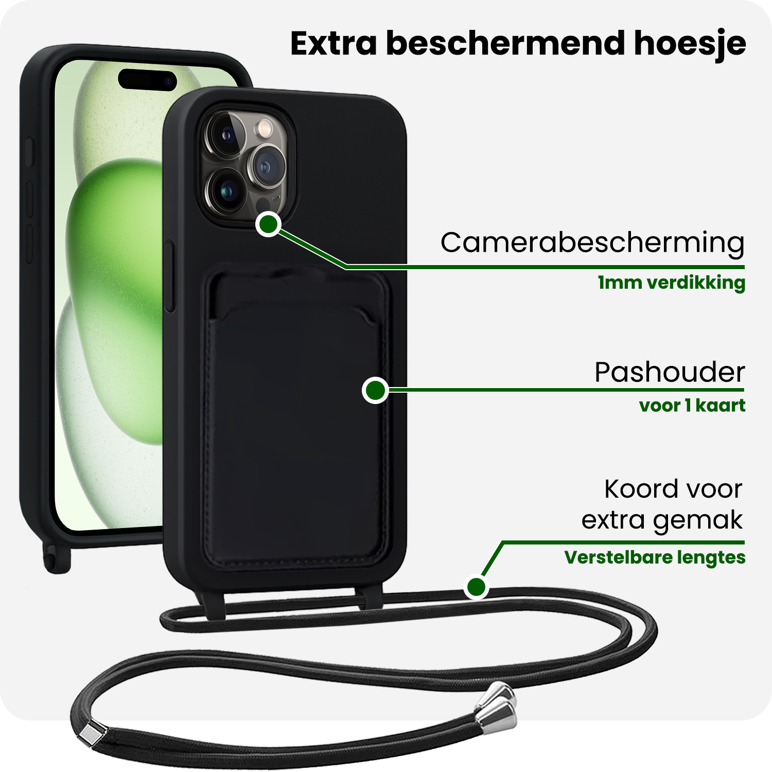 BASEY. BASEY. iPhone 14 Pro Max Hoesje Pashouder met Koord Met 2x Screenprotector - Zwart