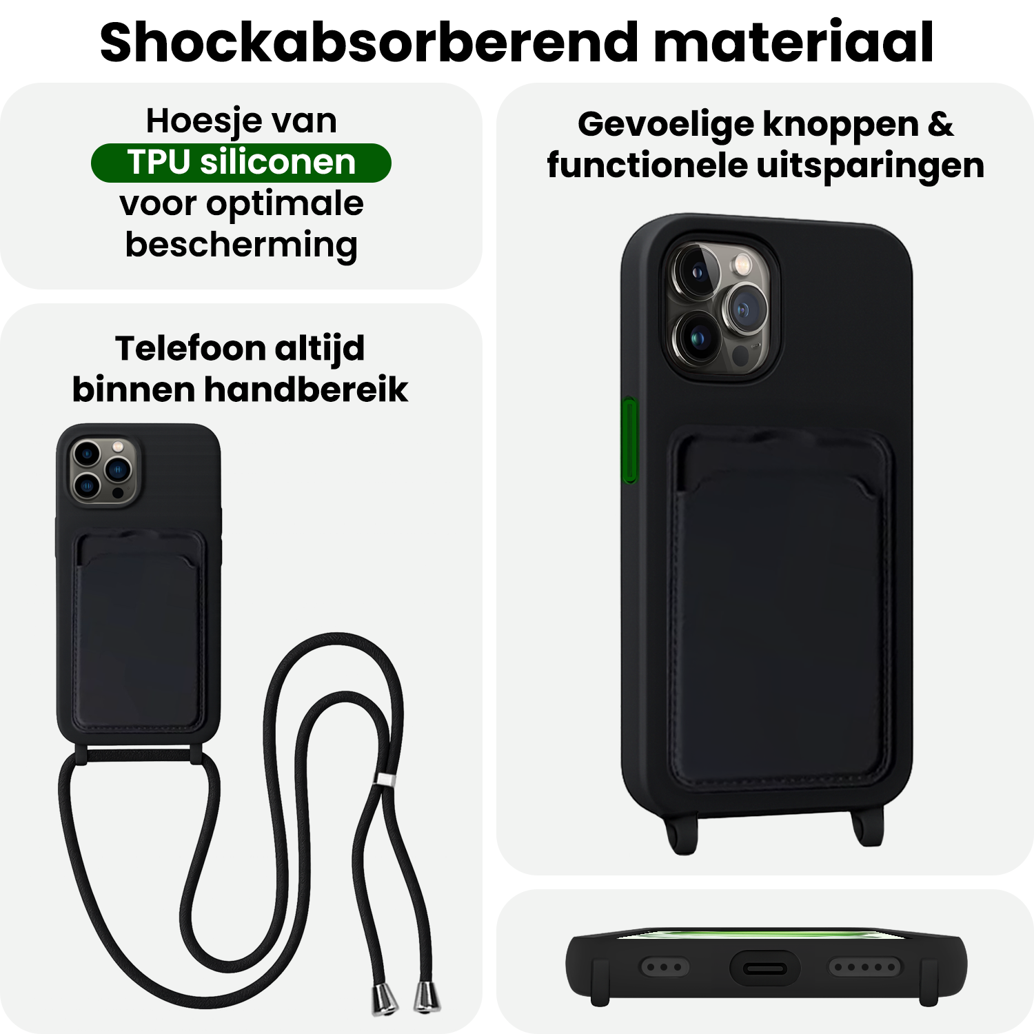 BASEY. BASEY. iPhone 14 Pro Max Hoesje Pashouder met Koord Met 2x Screenprotector - Zwart