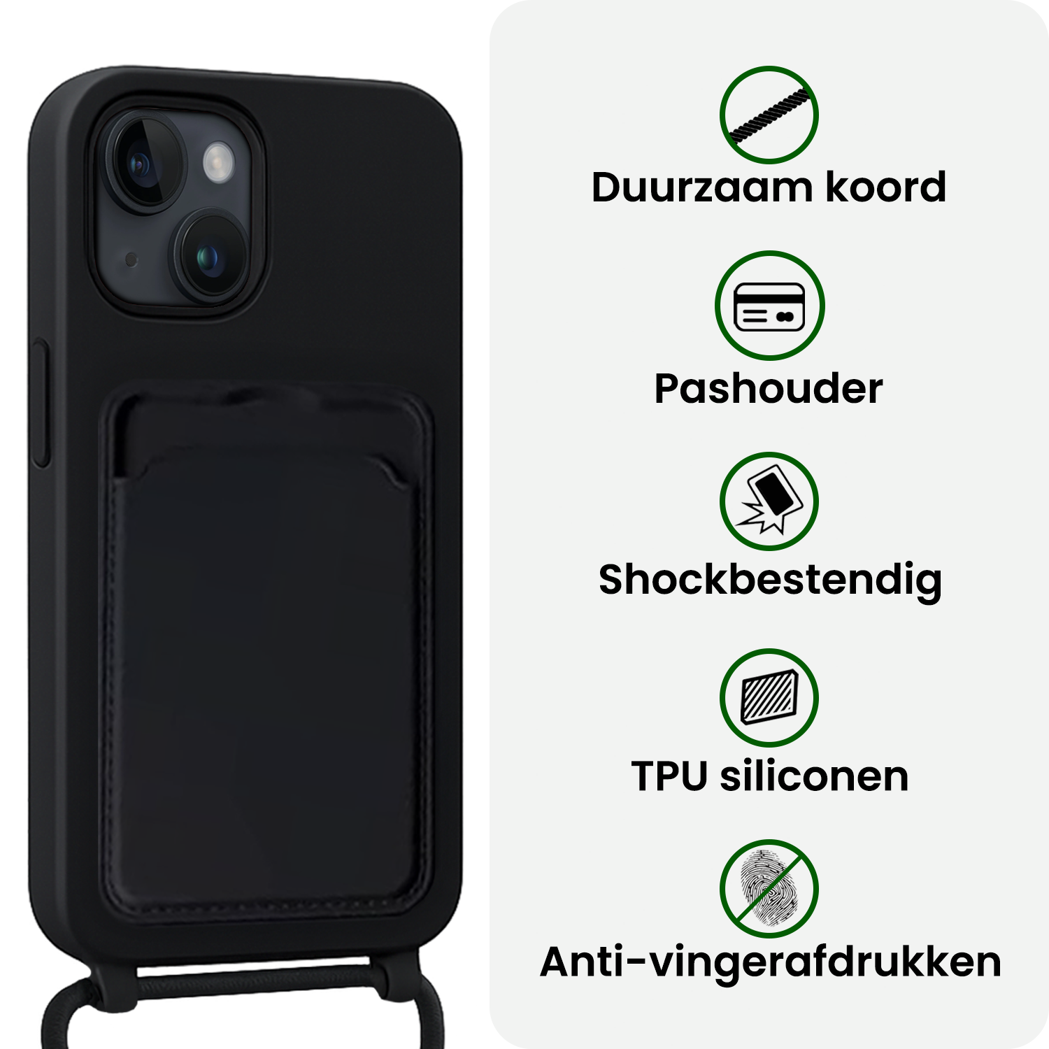 BASEY. BASEY. iPhone 15 Hoesje Pashouder met Koord Met 2x Screenprotector - Zwart