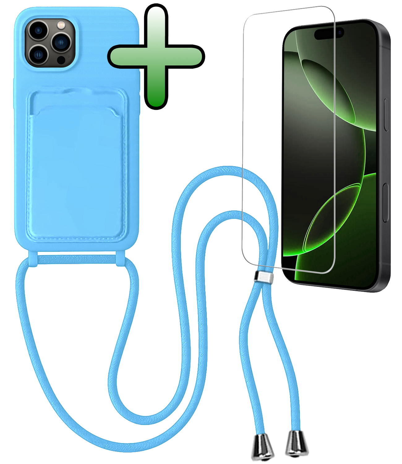 BASEY. BASEY. iPhone 16 Pro Hoesje Pashouder met Koord Met Screenprotector - Lichtblauw