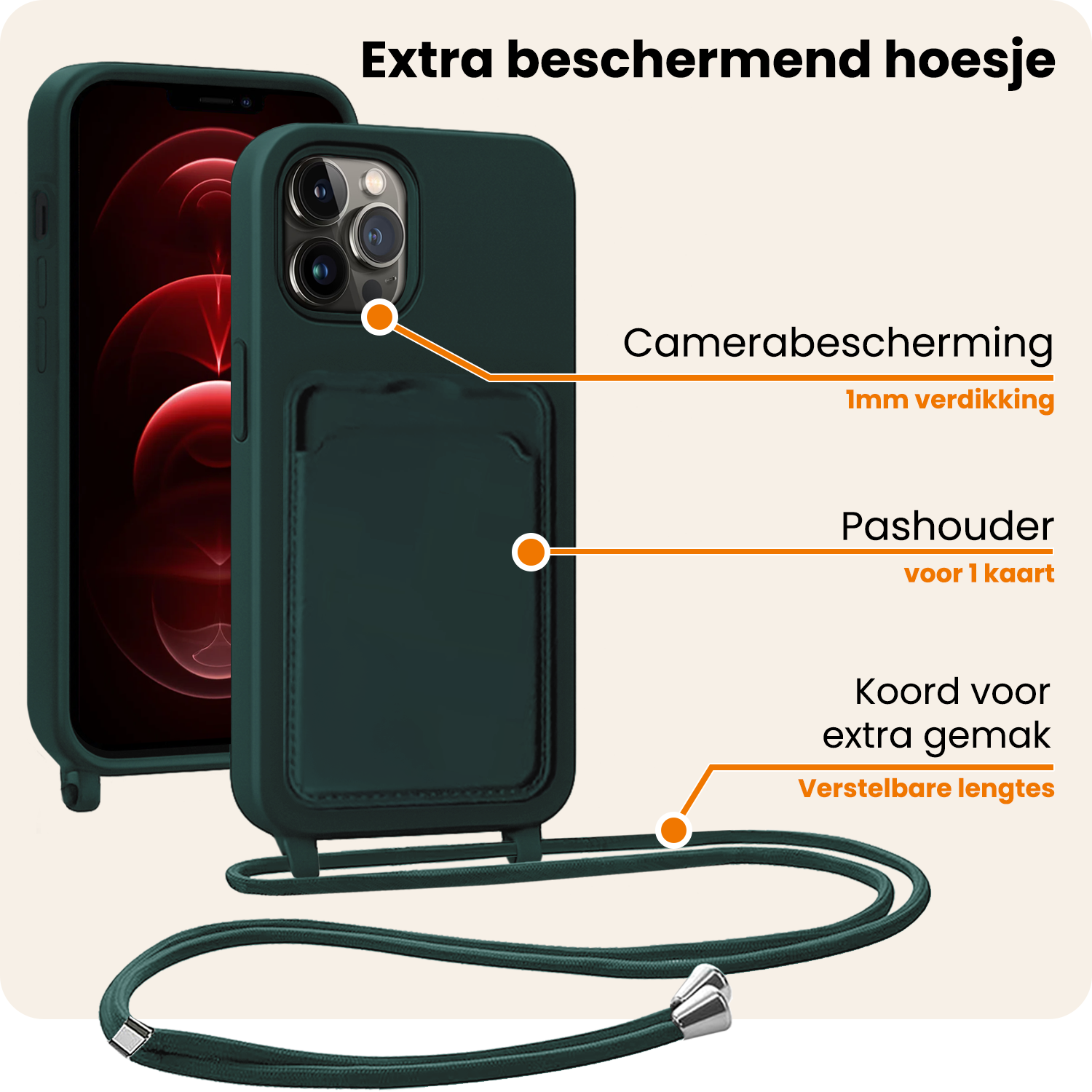 Nomfy Nomfy iPhone 13 Pro Hoesje Pashouder met Koord Met Screenprotector - Donkergroen