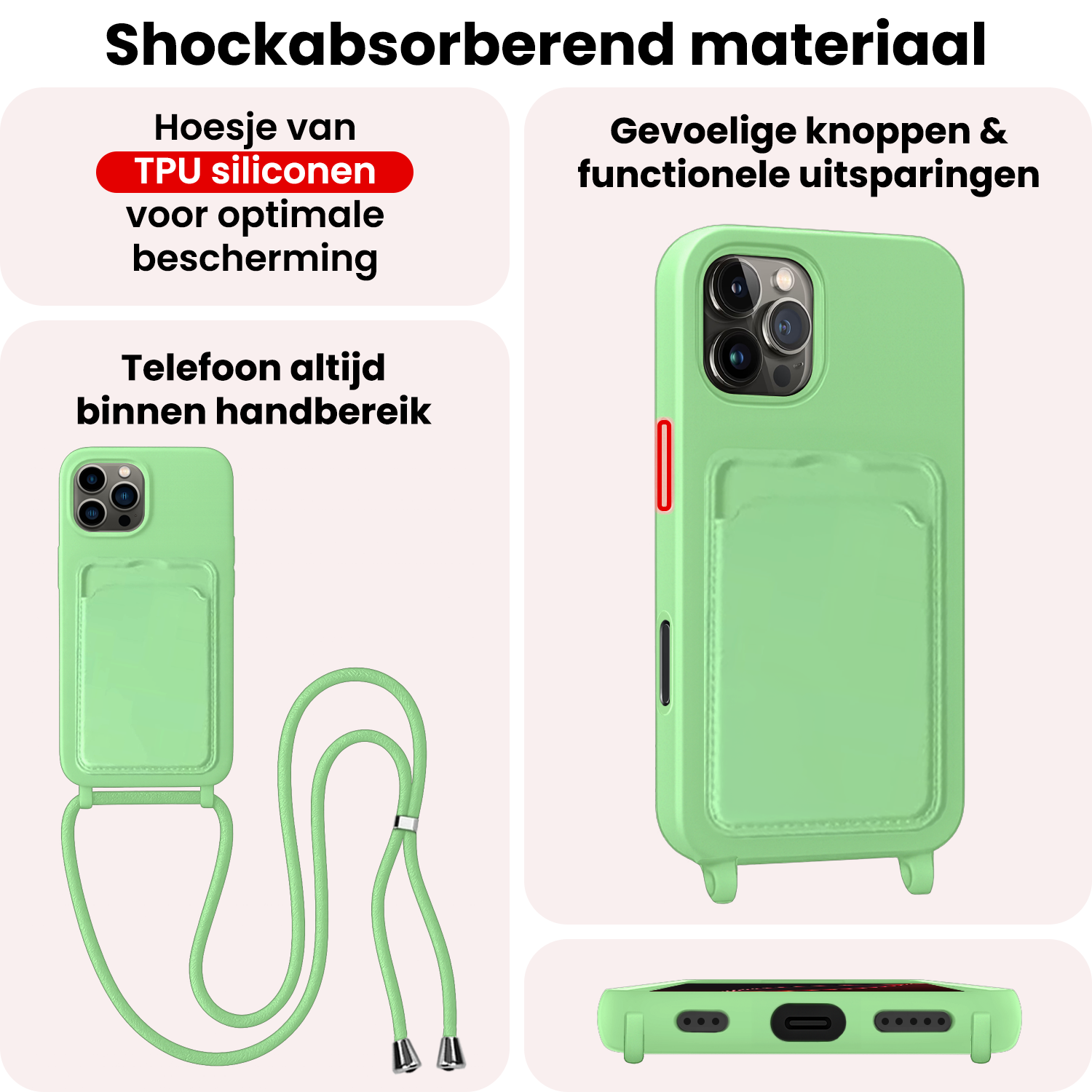 NoXx NoXx iPhone 16 Pro Hoesje Pashouder met Koord Met Screenprotector - Groen