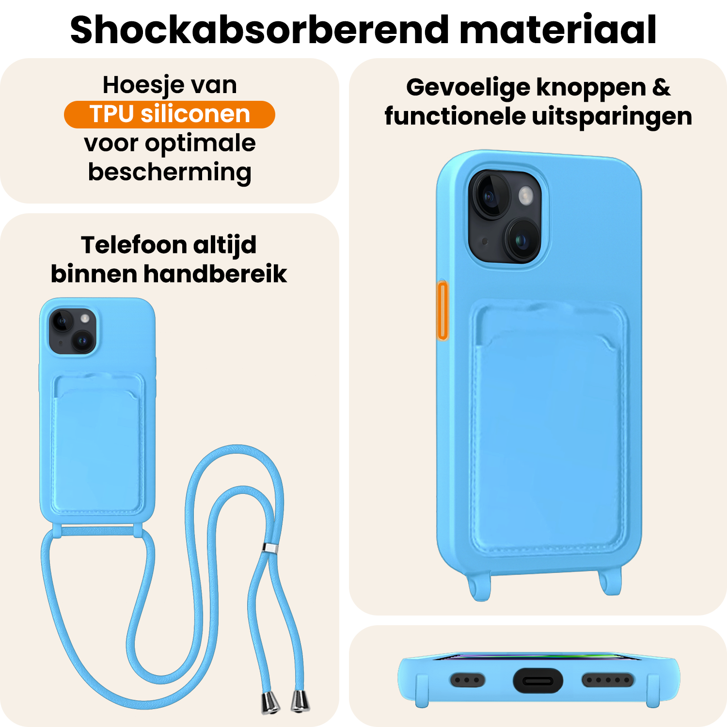 Nomfy Nomfy iPhone 14 Hoesje Pashouder met Koord Met 2x Screenprotector - Lichtblauw