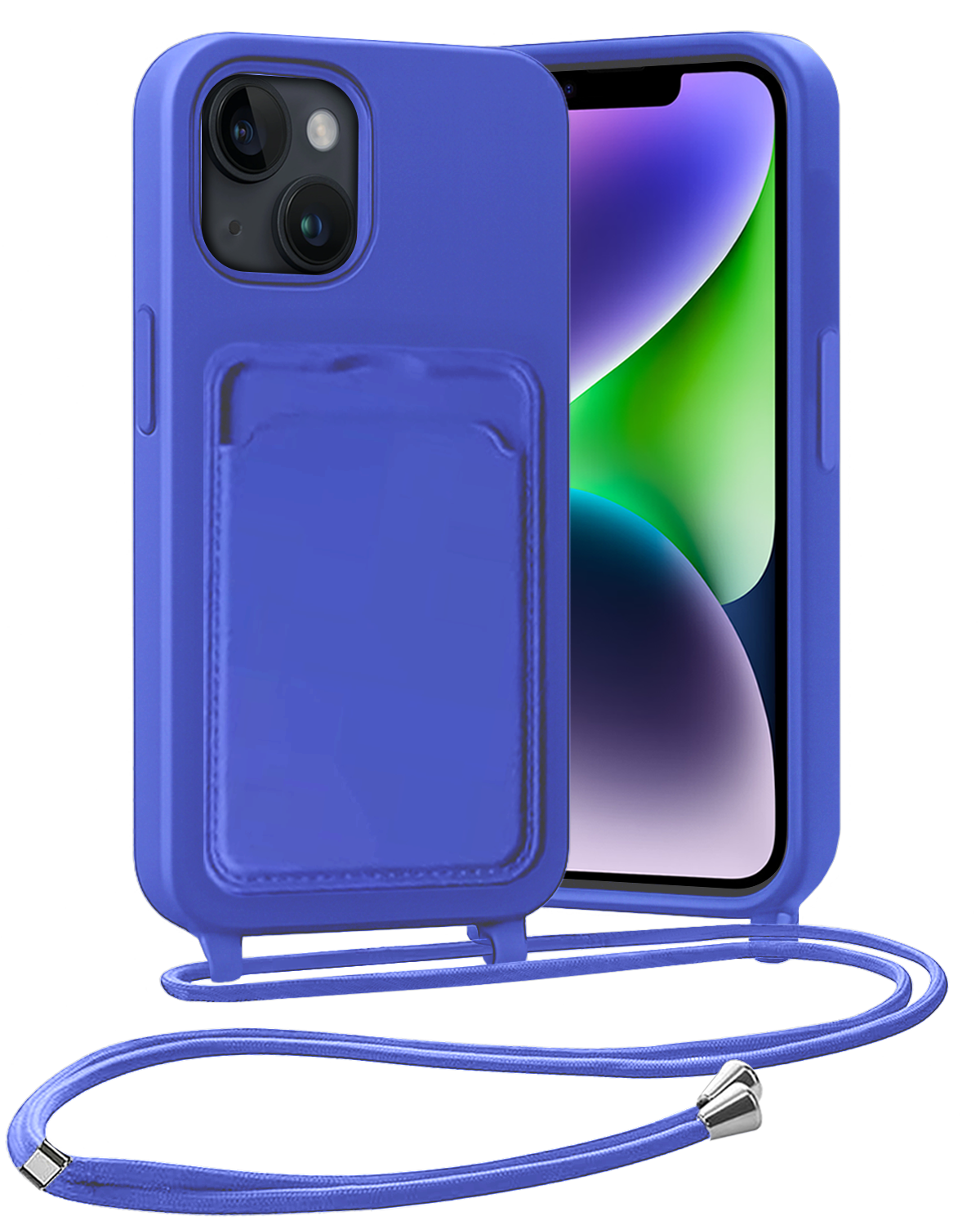 Nomfy Nomfy iPhone 14 Pro Hoesje Pashouder met Koord Met Screenprotector - Fel Blauw