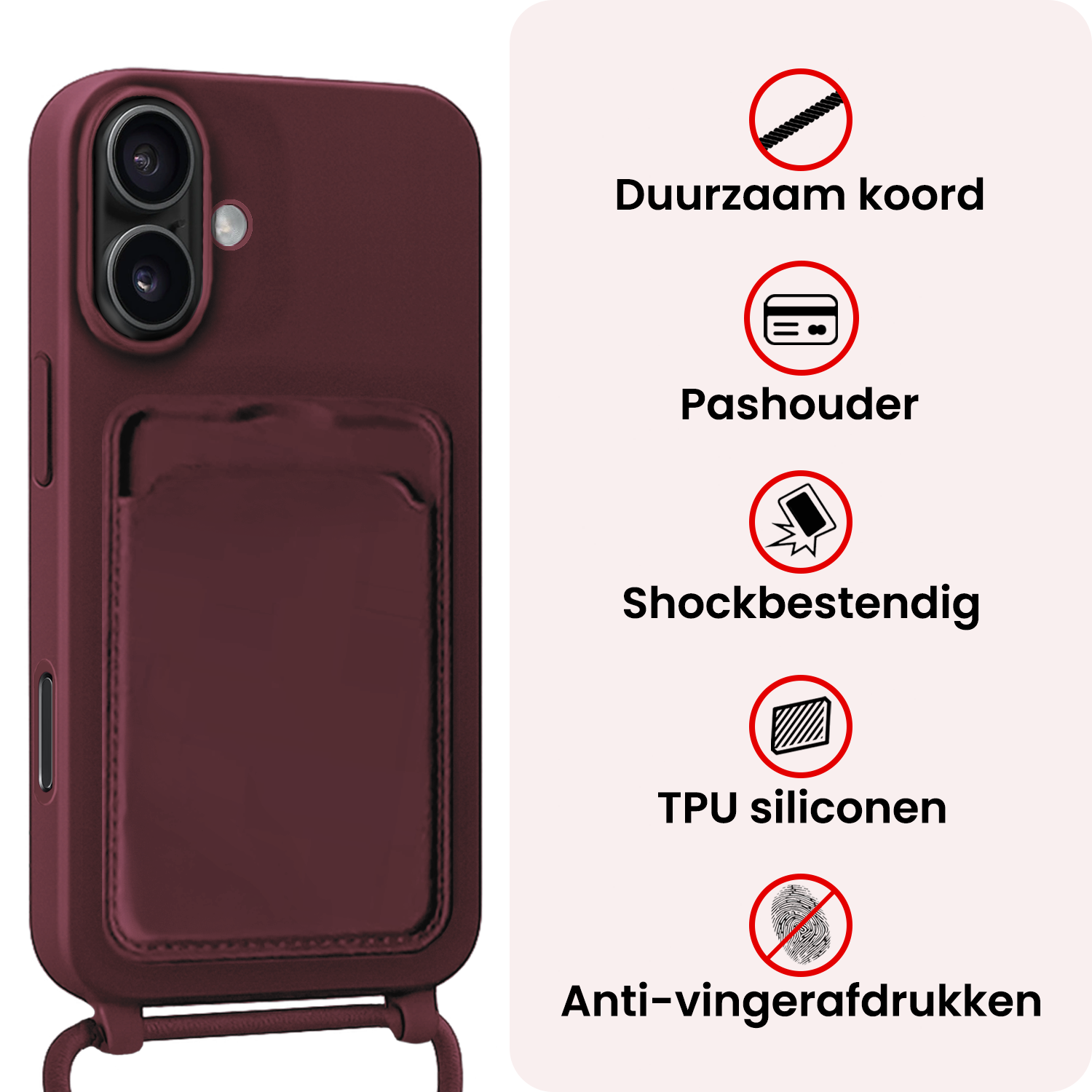 NoXx NoXx iPhone 16 Plus Hoesje Pashouder met Koord - Aubergine