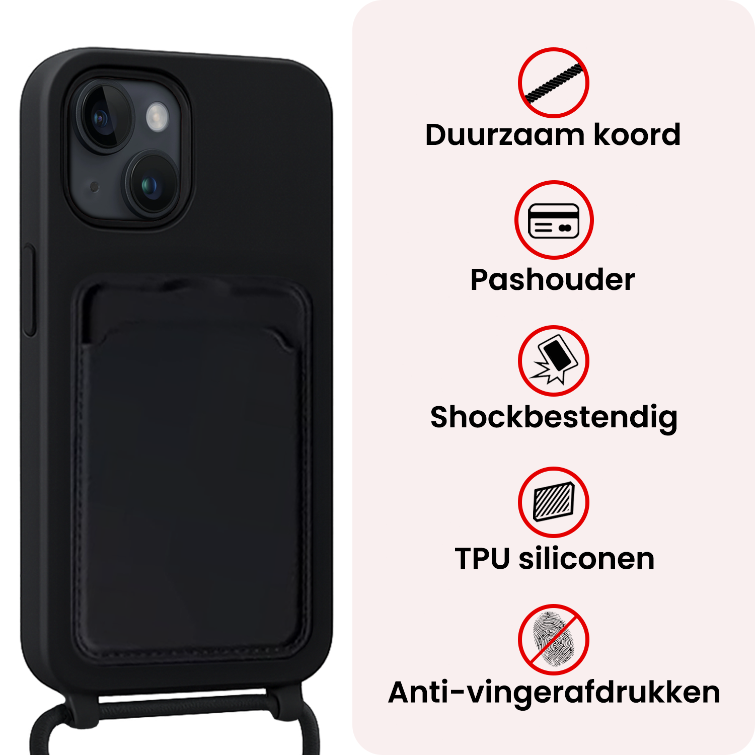 NoXx NoXx iPhone 15 Plus Hoesje Pashouder met Koord Met Screenprotector - Zwart