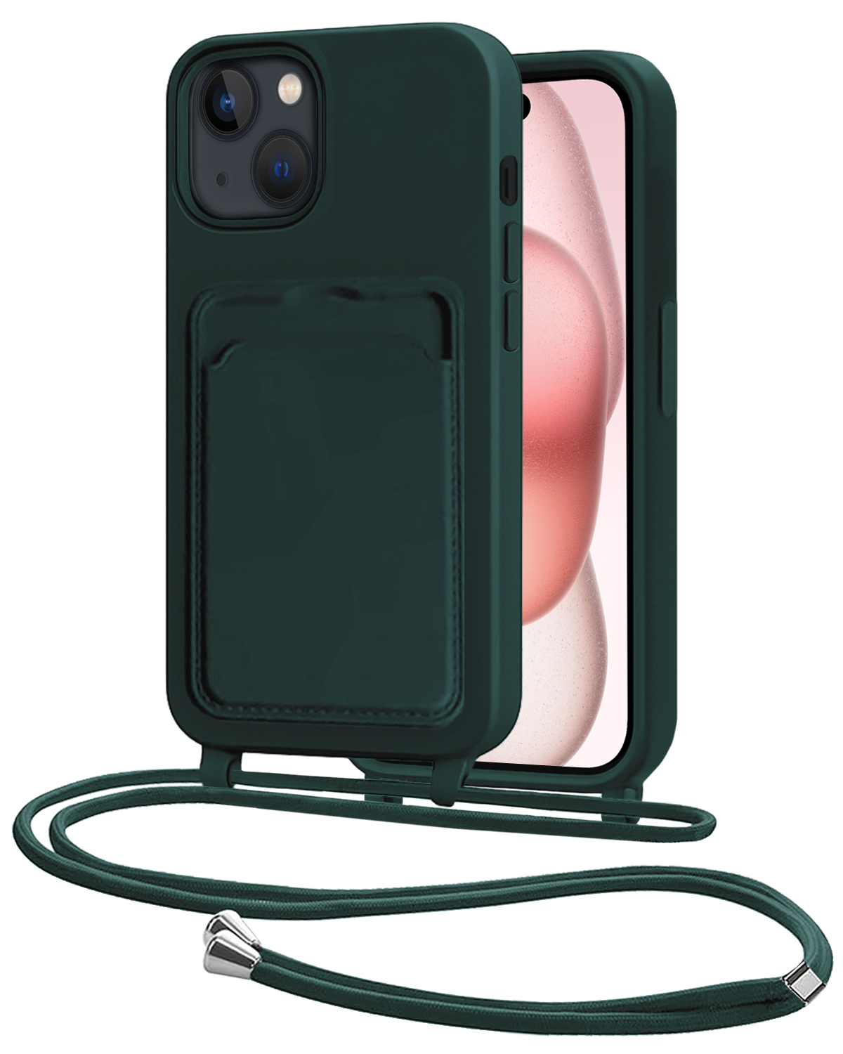 NoXx NoXx iPhone 15 Plus Hoesje Pashouder met Koord - Donkergroen