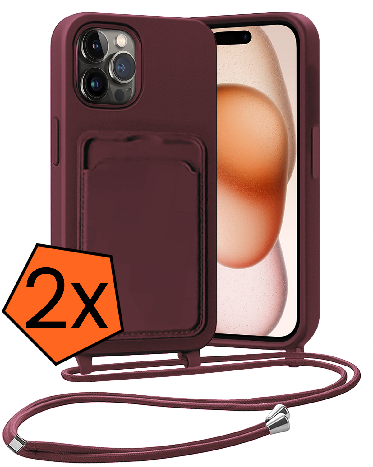 Nomfy Nomfy iPhone 14 Pro Max Hoesje Pashouder met Koord - Aubergine - 2 PACK