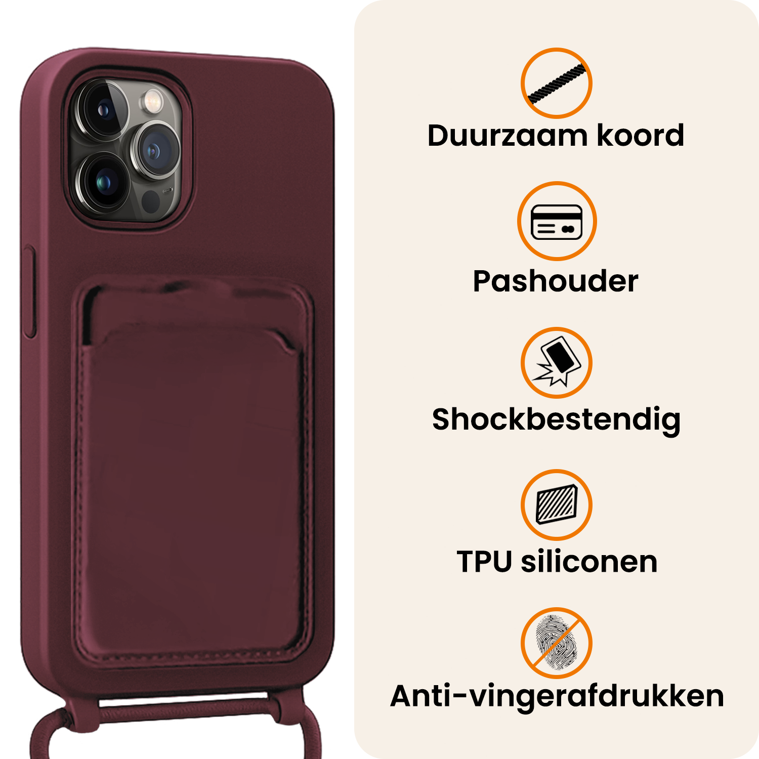 Nomfy Nomfy iPhone 14 Pro Max Hoesje Pashouder met Koord - Aubergine