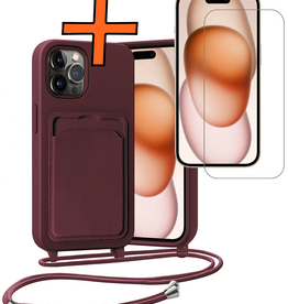 Nomfy Nomfy iPhone 14 Pro Max Hoesje Pashouder met Koord Met Screenprotector - Aubergine