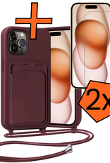 Nomfy Nomfy iPhone 14 Pro Max Hoesje Pashouder met Koord Met 2x Screenprotector - Aubergine