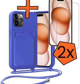 Nomfy Nomfy iPhone 14 Pro Max Hoesje Pashouder met Koord Met 2x Screenprotector - Fel Blauw