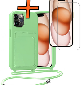 Nomfy Nomfy iPhone 14 Pro Max Hoesje Pashouder met Koord Met Screenprotector - Groen