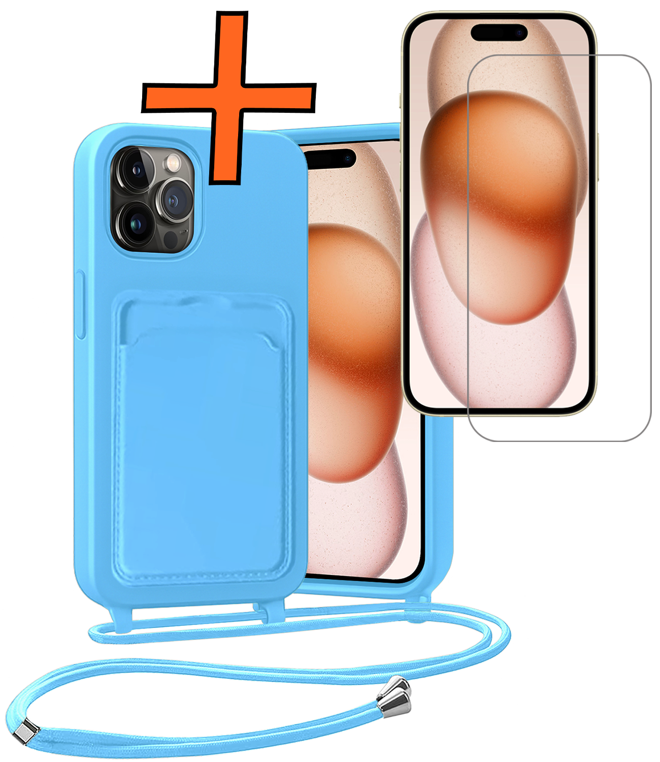 Nomfy Nomfy iPhone 14 Pro Max Hoesje Pashouder met Koord Met Screenprotector - Lichtblauw